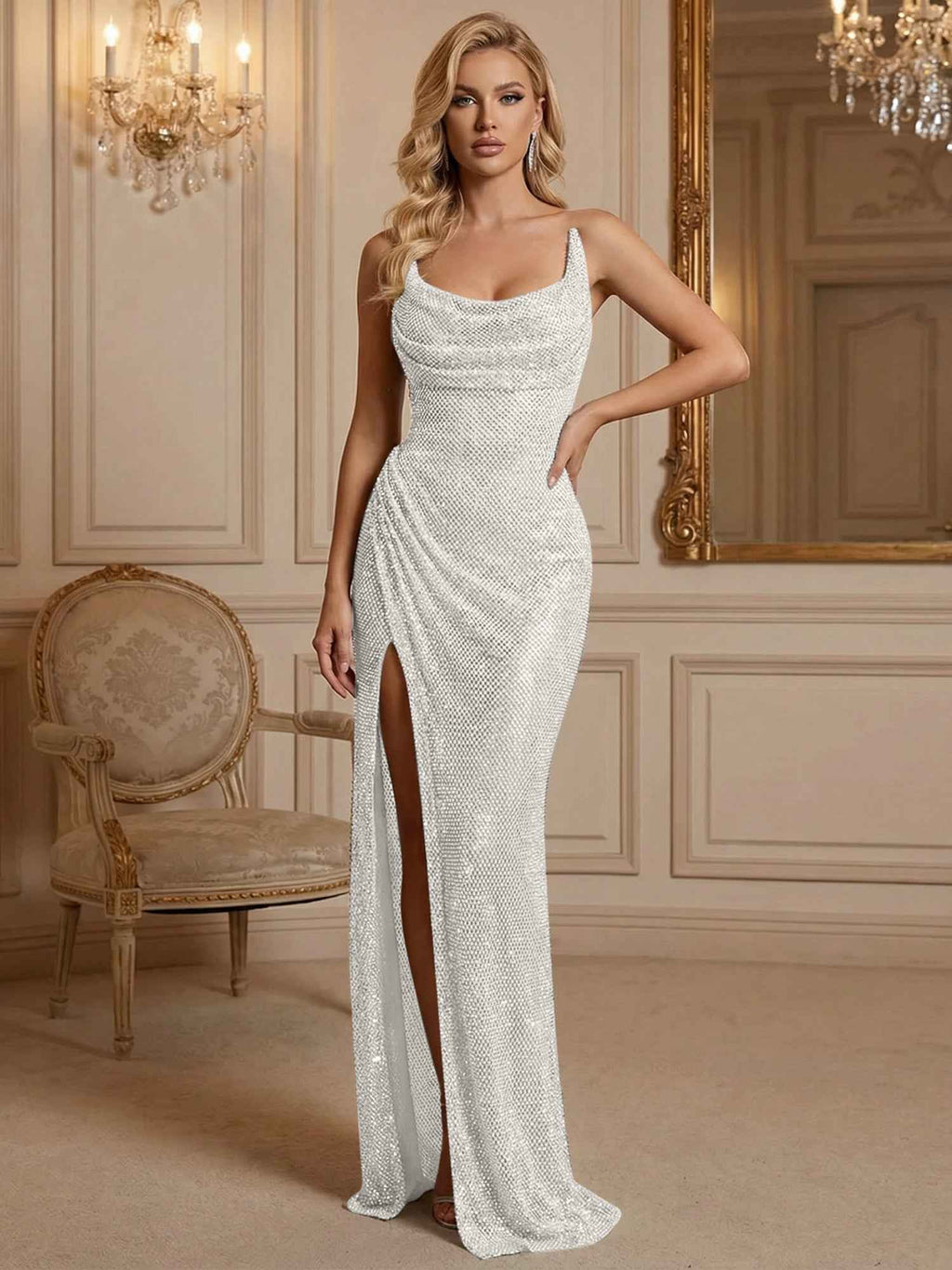 Silver Sequin Cowl Neck Ruched Long Prom Dress With High Slit