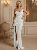 Silver Sequin Cowl Neck Ruched Long Prom Dress With High Slit