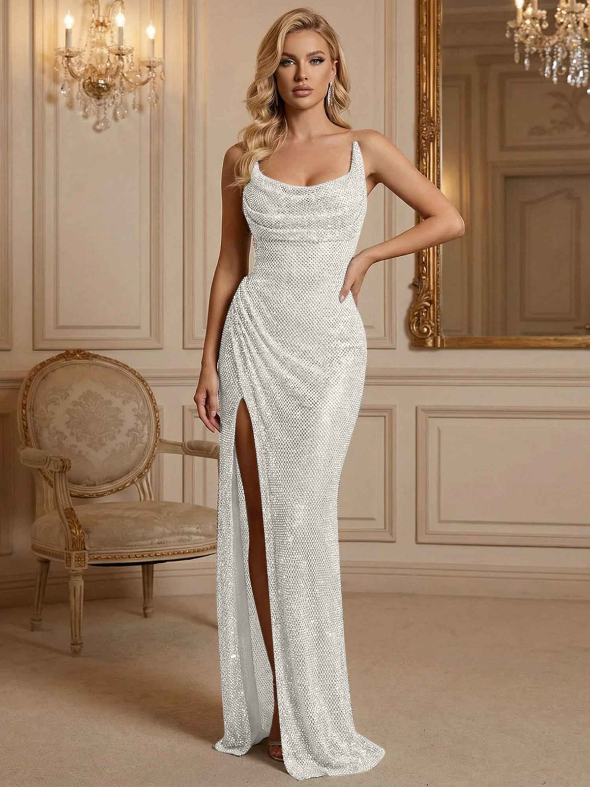 Silver Sequin Cowl Neck Ruched Long Prom Dress With High Slit