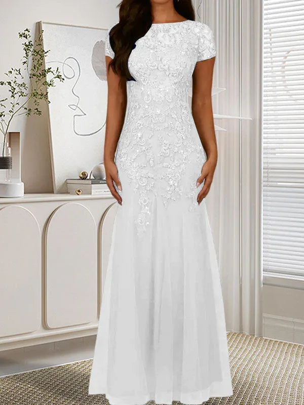 Abito in tulle con scollo a sirena e paillettes blu marina scuro