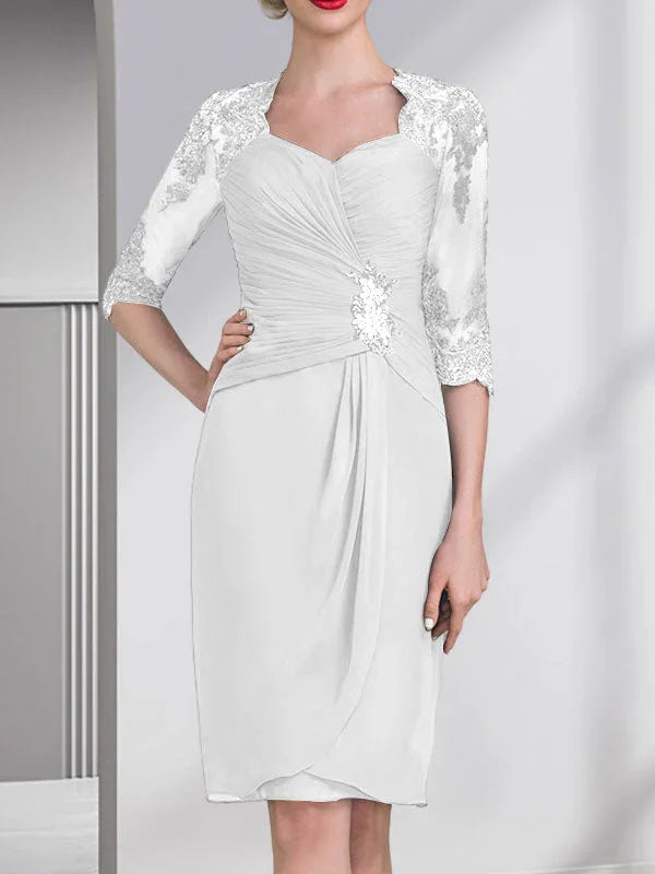 Vestido de madrina de novia de gasa con apliques de cuentas, encaje, lentejuelas y pliegues, largo hasta la rodilla, corte tubo y columna, con escote corazón
