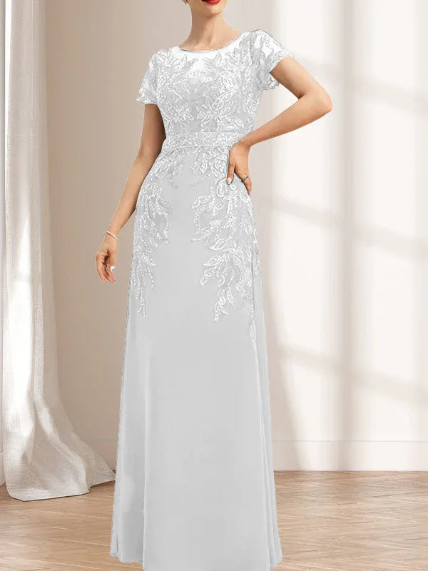 Vestido de madrina de novia con ilusión, corte columna y fajín, largo hasta el suelo, de encaje y gasa con lentejuelas
