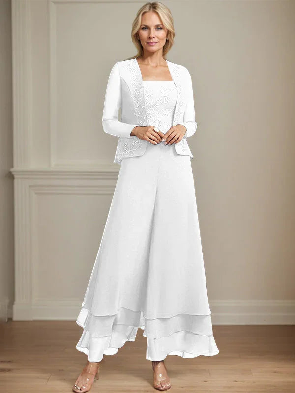 Getrennter Overall/Hosenanzug mit quadratischem Ausschnitt, knöchellang, aus Spitzenchiffon, Brautmutterkleid mit Pailletten