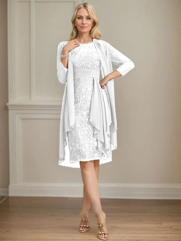 Etui/Säulenförmiges Kleid mit Illusion, knielang, aus Spitze und Chiffon, Brautmutterkleid mit herabfließenden Rüschen und Pailletten