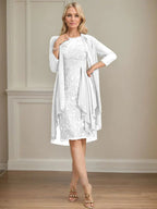 Etui/Säulenförmiges Kleid mit Illusion, knielang, aus Spitze und Chiffon, Brautmutterkleid mit herabfließenden Rüschen und Pailletten