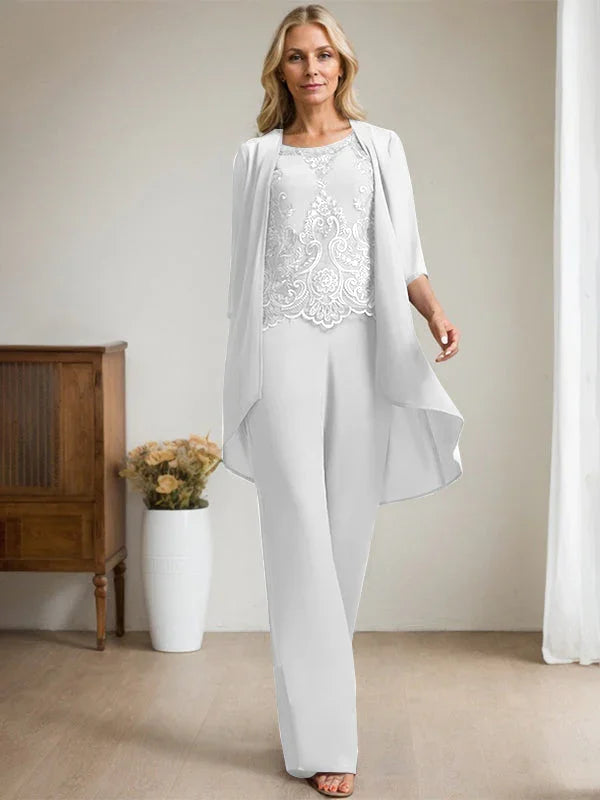 Getrennter Overall/Hosenanzug mit Rundhalsausschnitt, bodenlang, aus Chiffon und Spitze, Mutter-des-Brautkleides mit Perlen und Pailletten