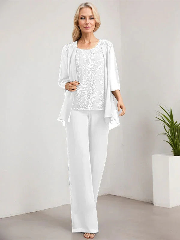 Mono/Pantalón Separado con Escote Redondo, Largo hasta el Suelo, de Encaje y Gasa, Vestido de Madre de la Novia con Lentejuelas