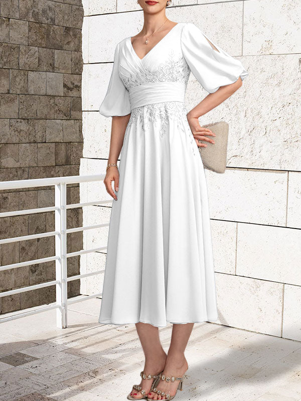 A-line V-Neck Tea-Length Lace Chiffon Mother of the Bride Dress With Pleated