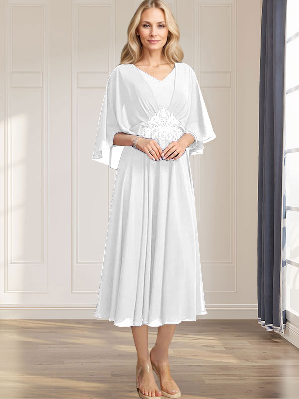 A-line V-Neck Tea-Length Chiffon Mother of the Bride Dress With Pleated Sequins Appliques Lace Beadind