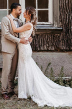 White Lace Mermaid Wedding Dress V Neck Spaghetti Straps Allover 3D Floral Lace