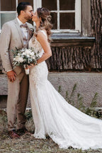 White Lace Mermaid Wedding Dress V Neck Spaghetti Straps Allover 3D Floral Lace