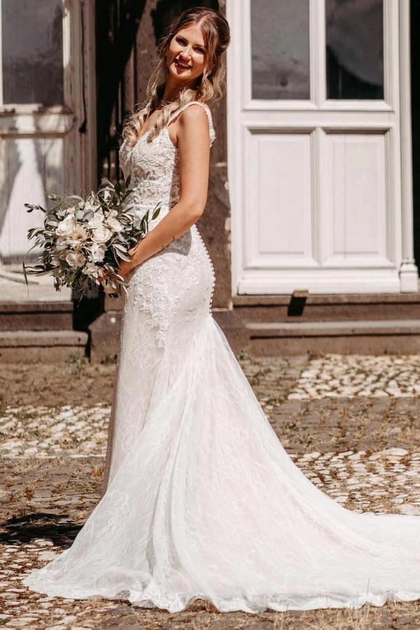White Lace Mermaid Wedding Dress V Neck Spaghetti Straps Allover 3D Floral Lace