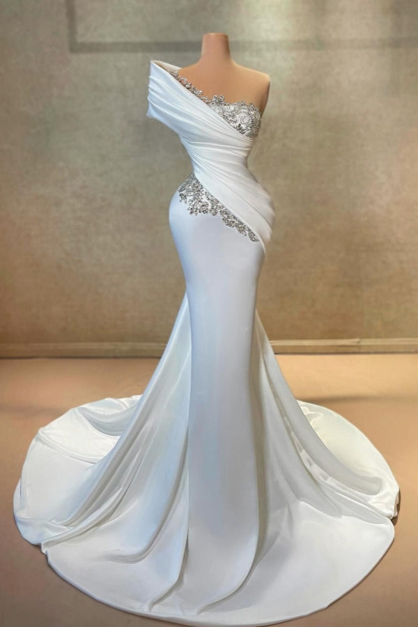 Robe de bal blanche longue asymétrique sirène en satin et dentelle avec perles