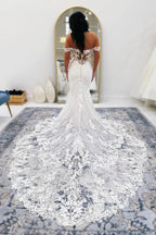 White Mermaid Wedding Dress Off Shoulder Sweetheart Illusion Corset With 3D Lace