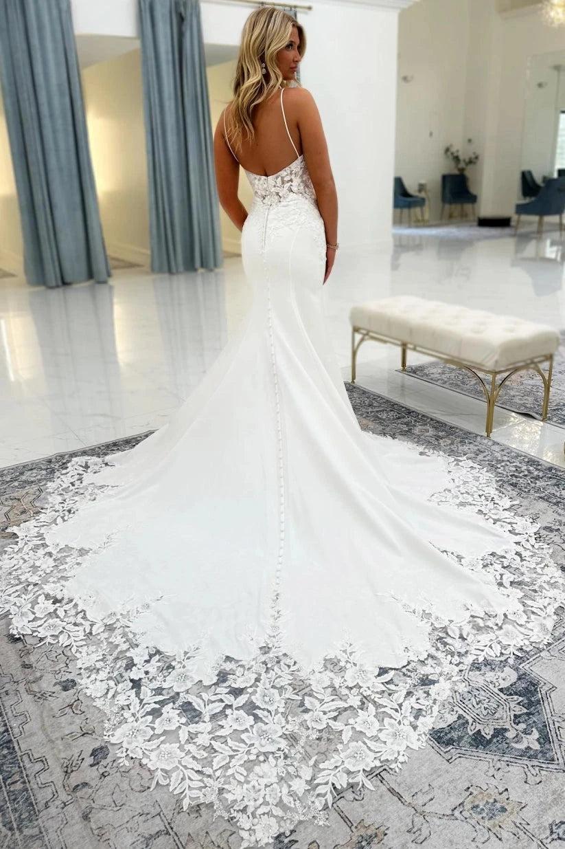 White Satin Mermaid Dress Spaghetti Straps Lace Bodice Open Back Cathedral Train