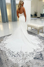 White Satin Mermaid Dress Spaghetti Straps Lace Bodice Open Back Cathedral Train