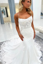 White Satin Mermaid Dress Spaghetti Straps Lace Bodice Open Back Cathedral Train