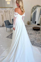 White Satin Off Shoulder Wedding Dress A Line With Illusion Lace High Slit
