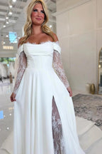 White Satin Off Shoulder Wedding Dress A Line With Illusion Lace High Slit