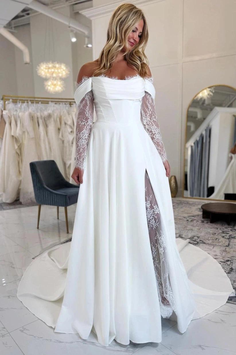 White Satin Off Shoulder Wedding Dress A Line With Illusion Lace High Slit