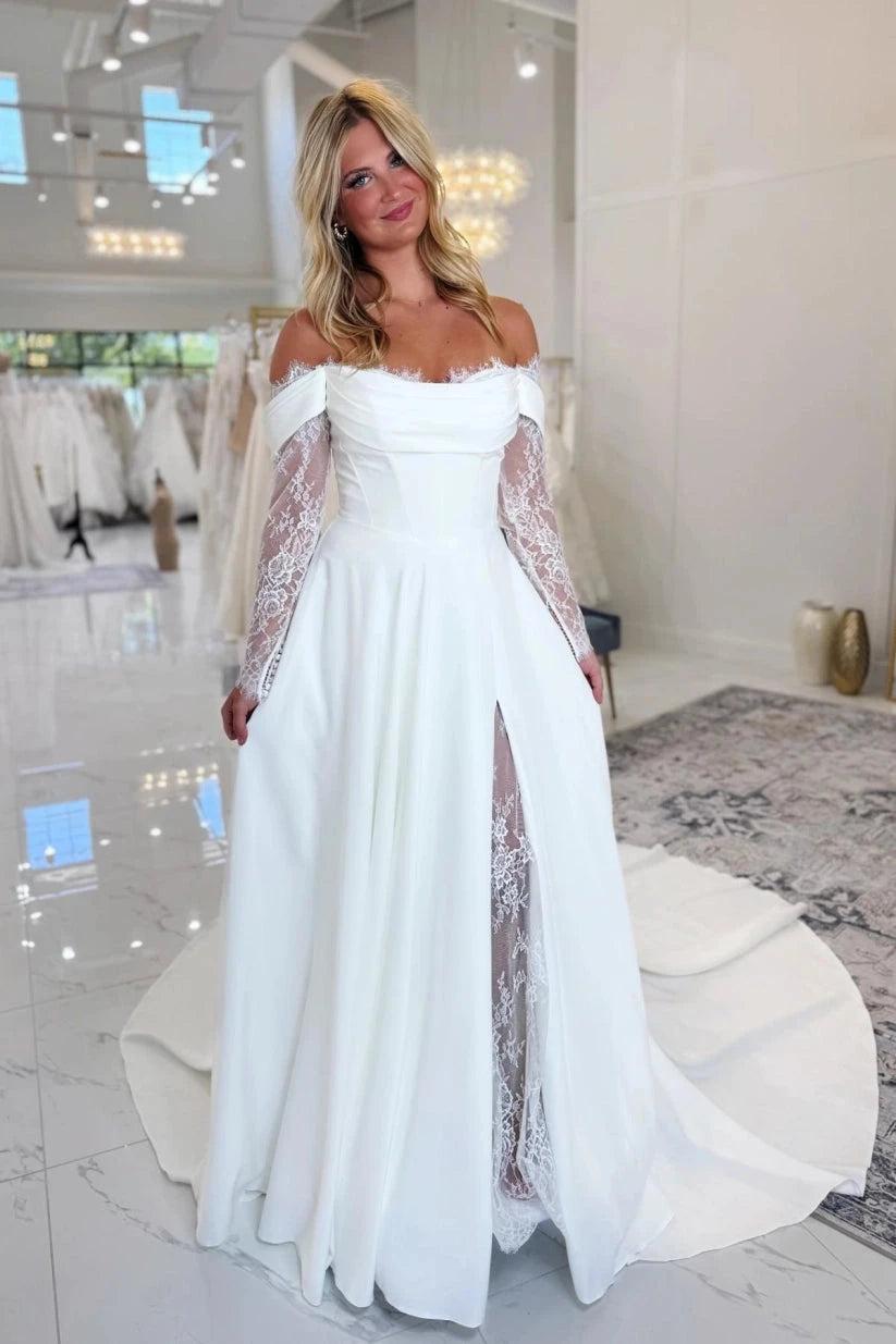 White Satin Off Shoulder Wedding Dress A Line With Illusion Lace High Slit