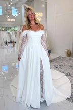 White Satin Off Shoulder Wedding Dress A Line With Illusion Lace High Slit
