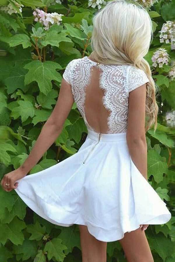 Vestidos de Regresso a Casa e de Formatura em Renda de Cetim Branco, Corte em A com Mangas Curtas