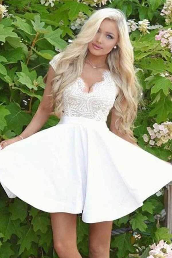 Vestidos de Regresso a Casa e de Formatura em Renda de Cetim Branco, Corte em A com Mangas Curtas
