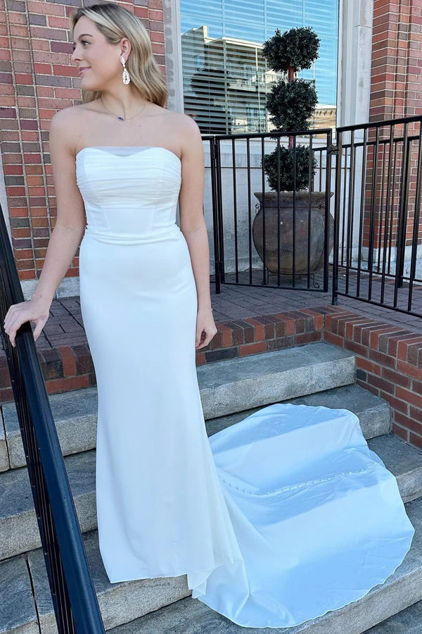 White Strapless Mermaid Long Modest Wedding Dress
