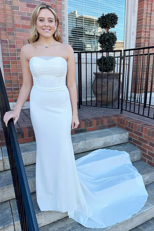 Robe de mariée longue modeste sirène blanche sans bretelles
