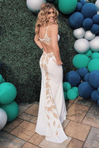 V-Neck Appliques Backless Mermaid Long Formal Prom Dress