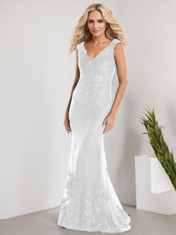 A-line V-Neck Floor-Length Lace Chiffon Mother of the Bride Dress With Applique Sequins Mermaid Dresses