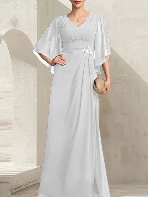 Vestido de madrina de novia de gasa largo hasta el suelo, corte columna y escote en V, con lentejuelas plisadas y abalorios