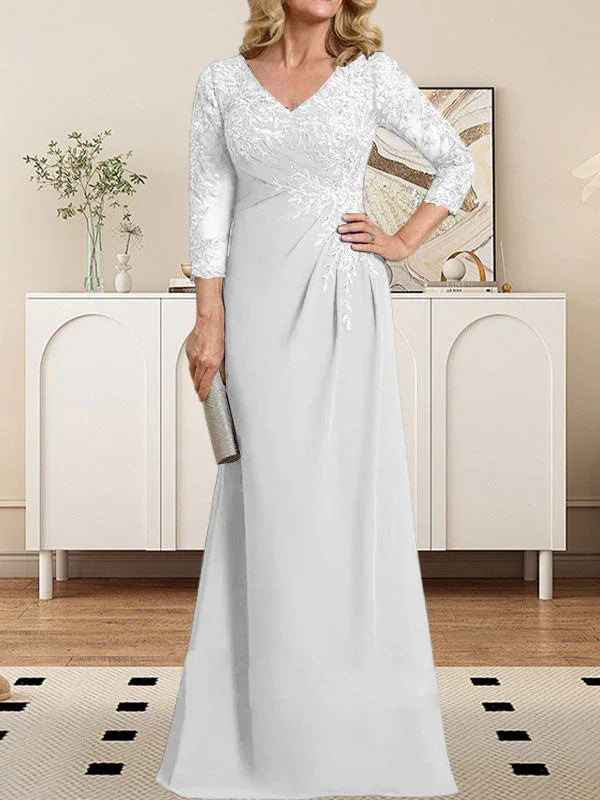 Vestido de madrina de novia con escote en V ilusión, corte columna, largo hasta el suelo, de encaje y gasa con lentejuelas plisadas