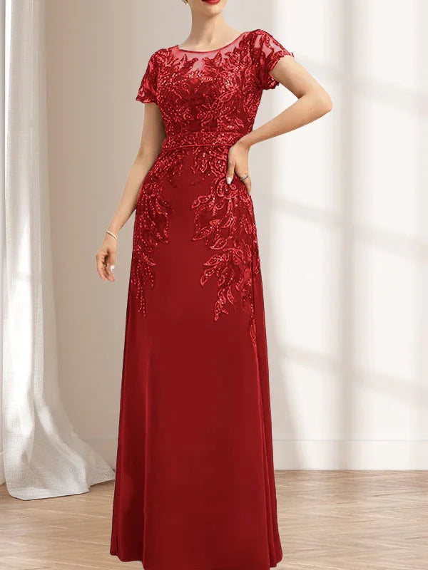 Vestido de madrina de novia con ilusión, corte columna y fajín, largo hasta el suelo, de encaje y gasa con lentejuelas