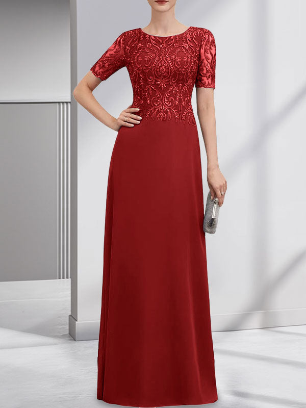 A-line Scoop Floor-Length Lace Chiffon Mother of the Bride Dress With Sequins