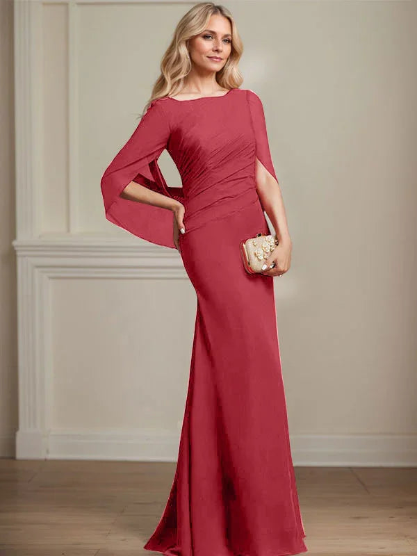 Vestido de madrina de novia de gasa con cuello barco estilo trompeta/cola de sirena y largo hasta el suelo con pliegues