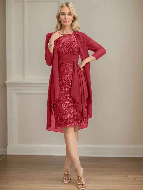 Etui/Säulenförmiges Kleid mit Illusion, knielang, aus Spitze und Chiffon, Brautmutterkleid mit herabfließenden Rüschen und Pailletten