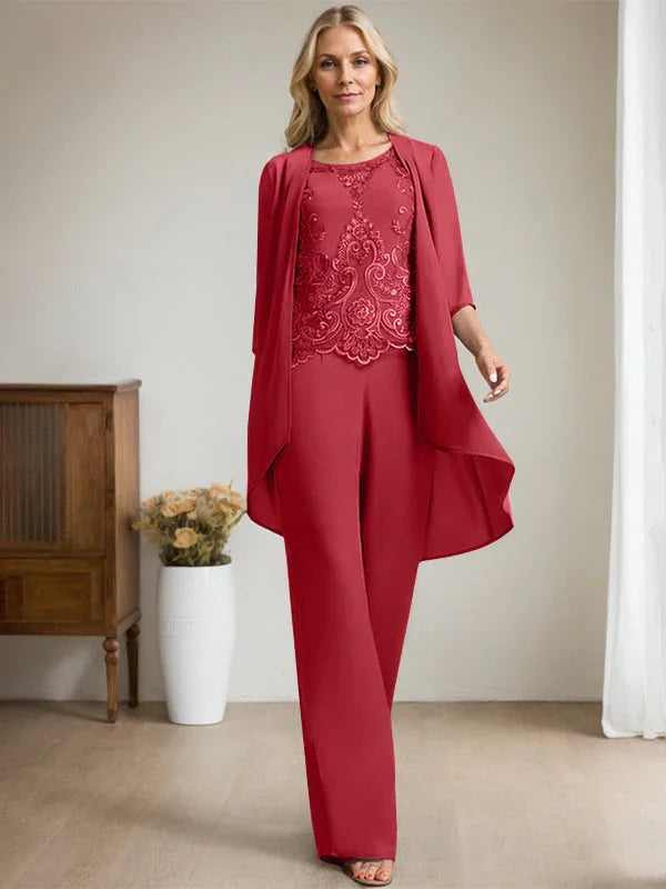 Getrennter Overall/Hosenanzug mit Rundhalsausschnitt, bodenlang, aus Chiffon und Spitze, Mutter-des-Brautkleides mit Perlen und Pailletten
