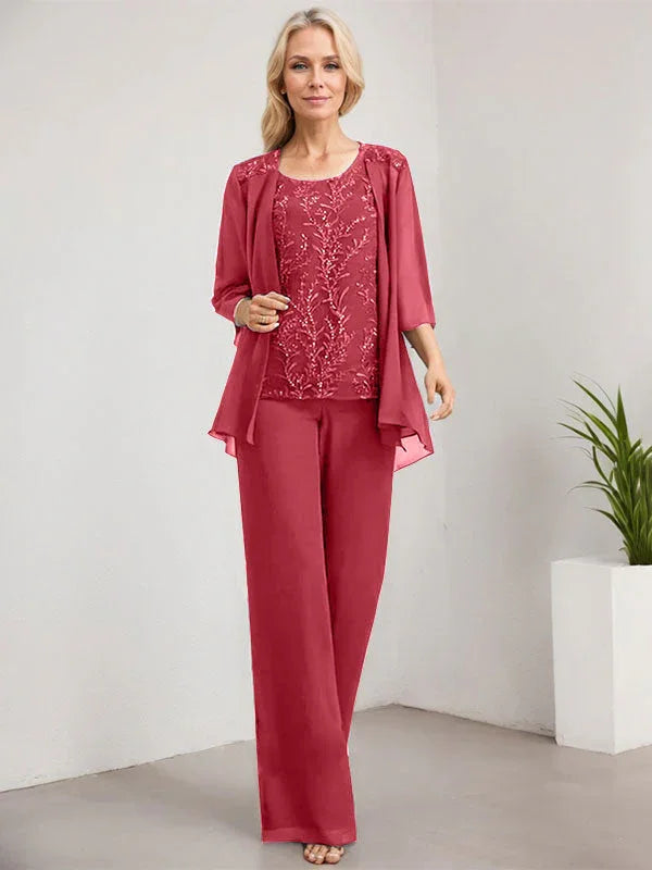 Mono/Pantalón Separado con Escote Redondo, Largo hasta el Suelo, de Encaje y Gasa, Vestido de Madre de la Novia con Lentejuelas