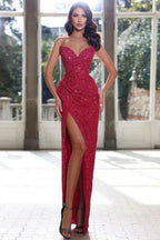 Vestido de Festa Longo Vinho Vermelho Simples com Decote Coração e Fenda