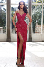 Vestidos de fiesta largos con lentejuelas, corte en A y escote en forma de corazón, sexys y con abertura