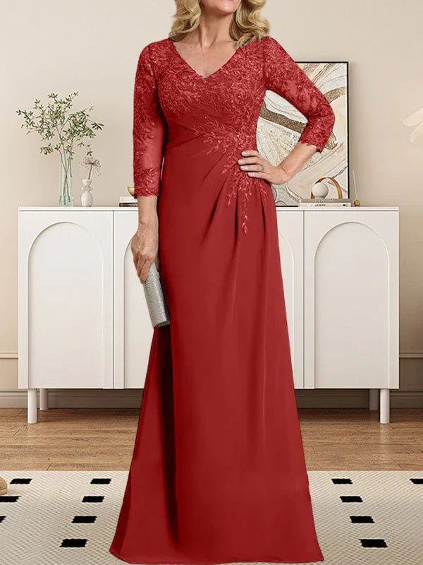 Vestido de madrina de novia con escote en V ilusión, corte columna, largo hasta el suelo, de encaje y gasa con lentejuelas plisadas