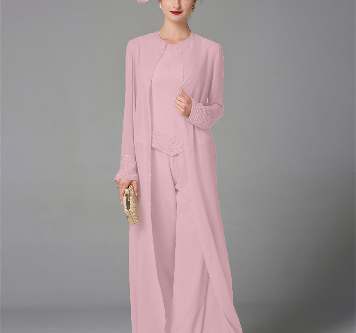 Mother Of The Bride Pantsuit With Jacket And Sequins Long Sleeve Chiffon