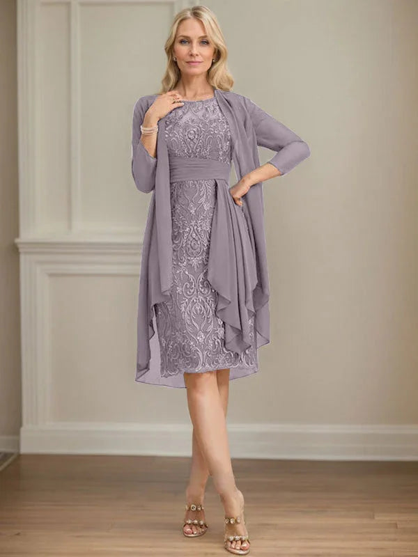 Etui/Säulenförmiges Kleid mit Illusion, knielang, aus Spitze und Chiffon, Brautmutterkleid mit herabfließenden Rüschen und Pailletten