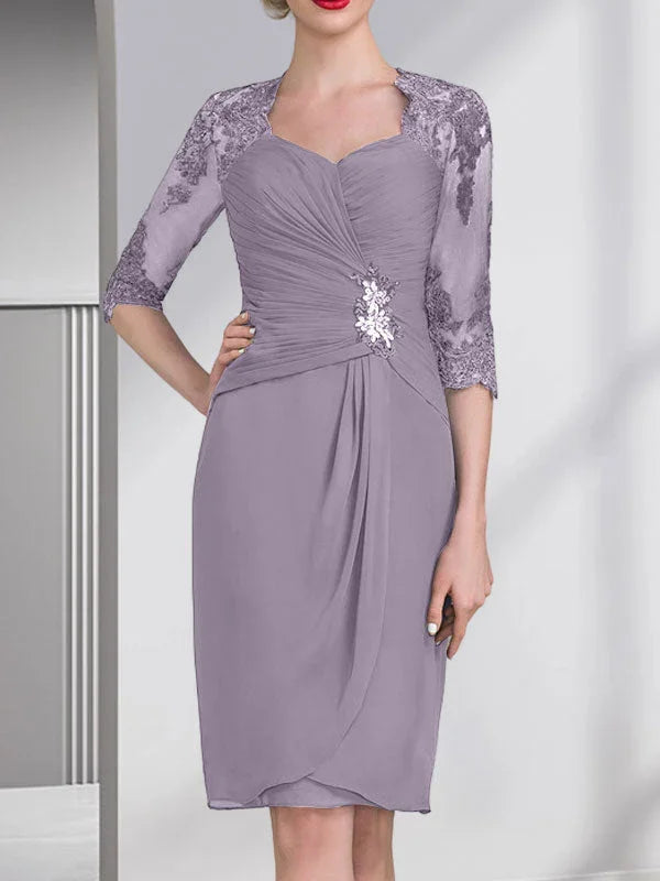 Vestido de madrina de novia de gasa con apliques de cuentas, encaje, lentejuelas y pliegues, largo hasta la rodilla, corte tubo y columna, con escote corazón