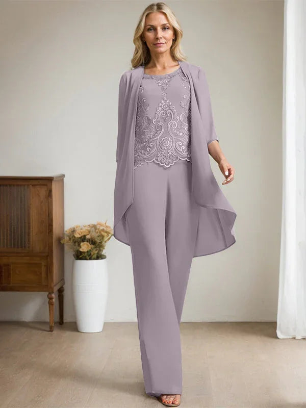 Getrennter Overall/Hosenanzug mit Rundhalsausschnitt, bodenlang, aus Chiffon und Spitze, Mutter-des-Brautkleides mit Perlen und Pailletten