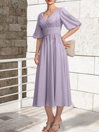 A-line V-Neck Tea-Length Lace Chiffon Mother of the Bride Dress With Pleated