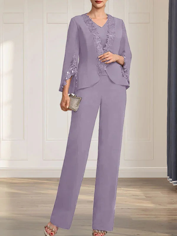 Getrennte Overall/Hosenanzug V-Ausschnitt bodenlanger Chiffon Brautmutterkleid