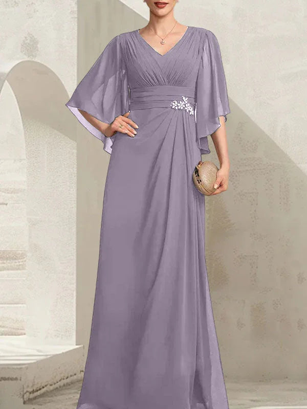 Vestido de madrina de novia de gasa largo hasta el suelo, corte columna y escote en V, con lentejuelas plisadas y abalorios